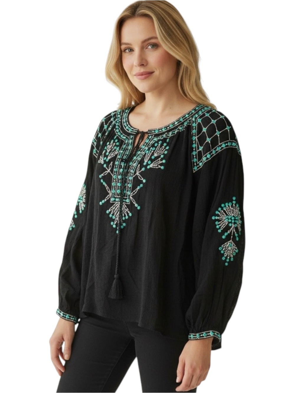 NWT RD + koko Black Embroidered Peasant Tunic with Sequins size Large